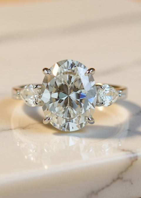 2 Carat Oval Moissanite Engagement Ring | 925 Sterling Silver Three-Stone Ring