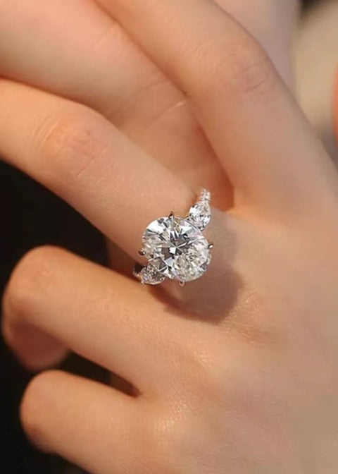 2 Carat Oval Moissanite Engagement Ring | 925 Sterling Silver Three-Stone Ring