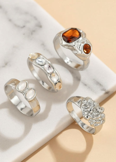 4-Piece Vintage Statement Ring Set, 18K Gold-Plated Stainless Steel