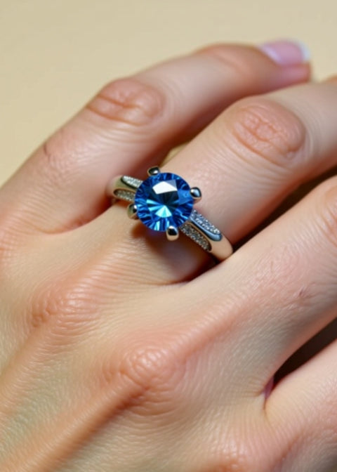 1 Carat Blue Moissanite Ring in Platinum-Plated .925 Sterling Silver
