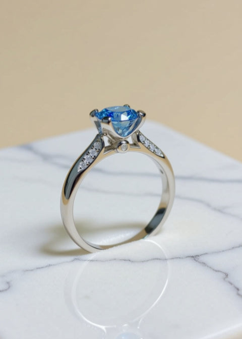 1 Carat Blue Moissanite Ring in Platinum-Plated .925 Sterling Silver