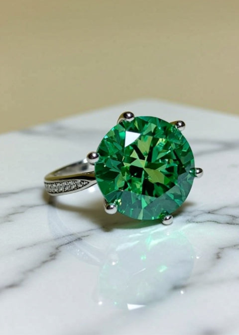 10 Carat Green Moissanite Statement Ring in Platinum-Plated 925 Sterling Silver