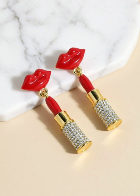 Red Lipstick Rhinestone Drop Earrings in 18K Gold-Plated Stainless Steel