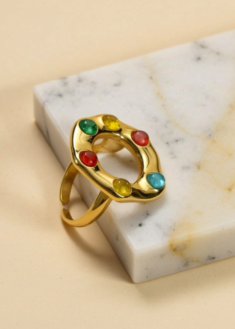 Adjustable Multicolor Glass Bead Statement Ring, Gold or Silver