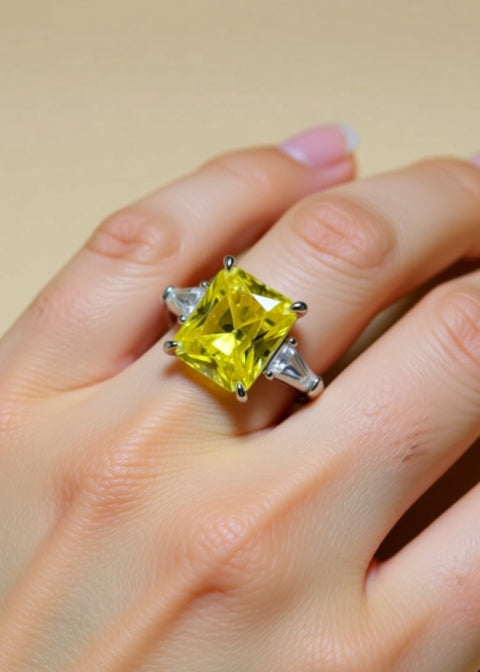 5 Carat Yellow Radiant-Cut Moissanite Ring in Platinum-Plated Sterling Silver