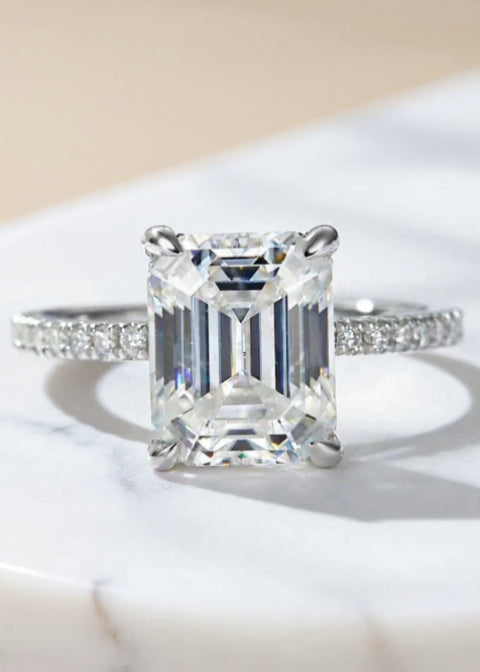 5 Carat Emerald-Cut Moissanite Ring in Platinum-Plated 925 Sterling Silver