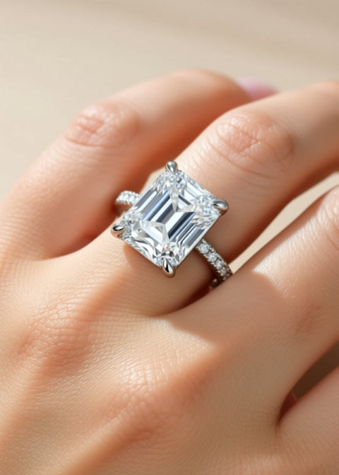 5 Carat Emerald-Cut Moissanite Ring in Platinum-Plated 925 Sterling Silver