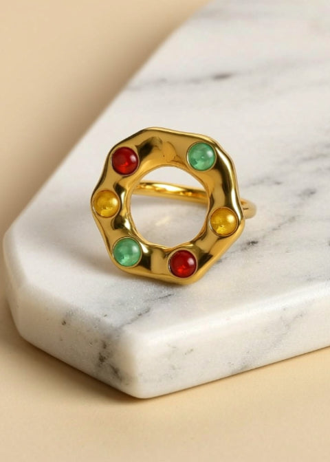Adjustable Multicolor Glass Bead Statement Ring, Gold or Silver