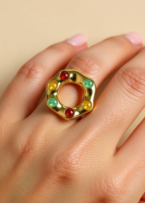 Adjustable Multicolor Glass Bead Statement Ring, Gold or Silver