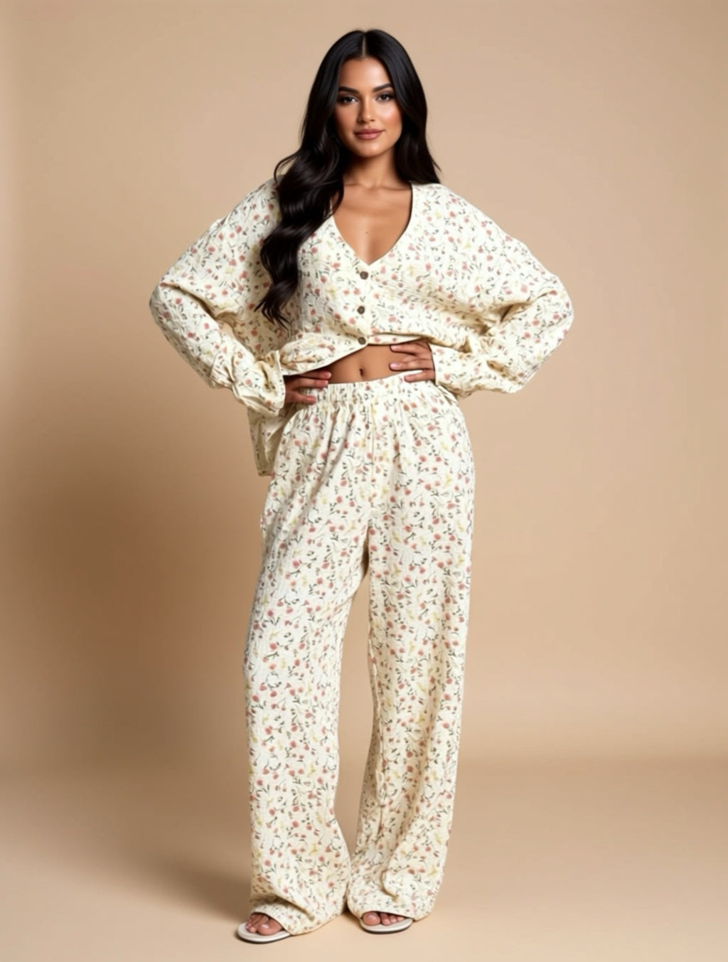 Florales Loungewear-Set aus Baumwolle (Zweiteiler) – Oberteil mit Knöpfen & Hose mit weitem Bein