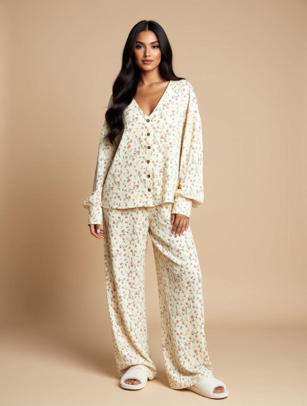 Florales Loungewear-Set aus Baumwolle (Zweiteiler) – Oberteil mit Knöpfen & Hose mit weitem Bein