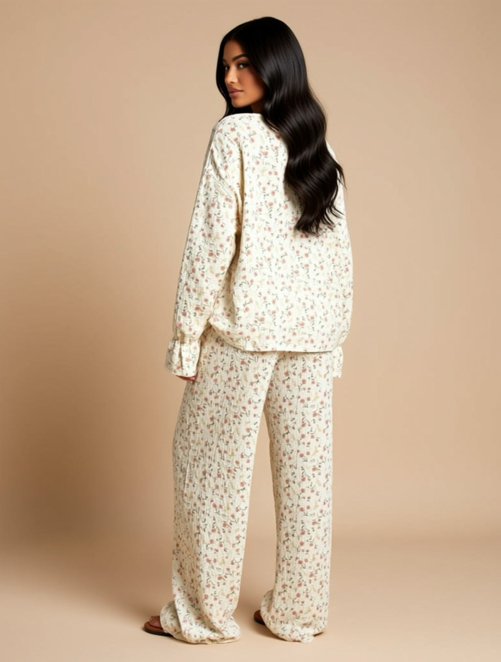 Florales Loungewear-Set aus Baumwolle (Zweiteiler) – Oberteil mit Knöpfen & Hose mit weitem Bein