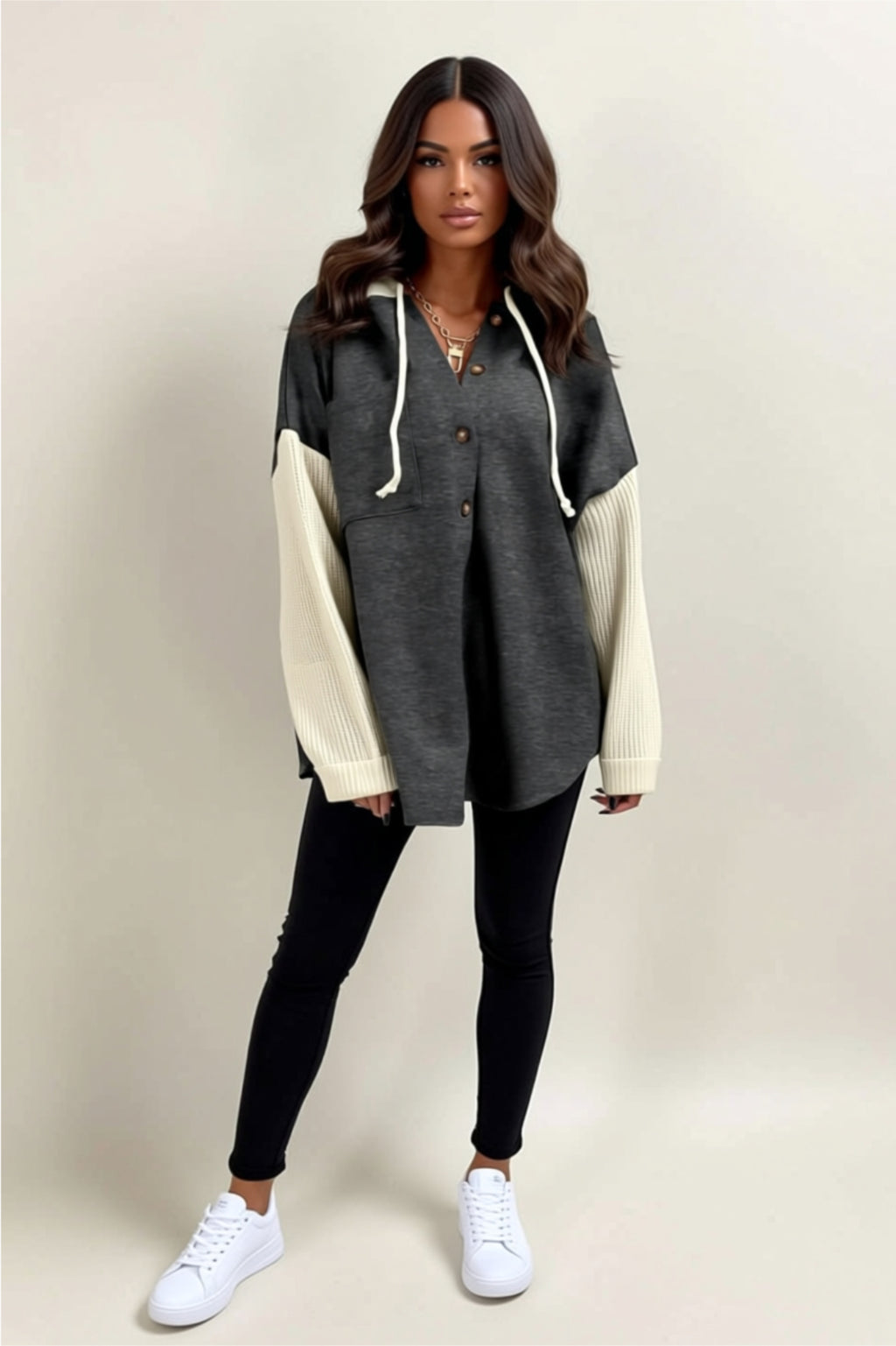 Oversized Buttoned Hoodie with Drawstring & Pockets