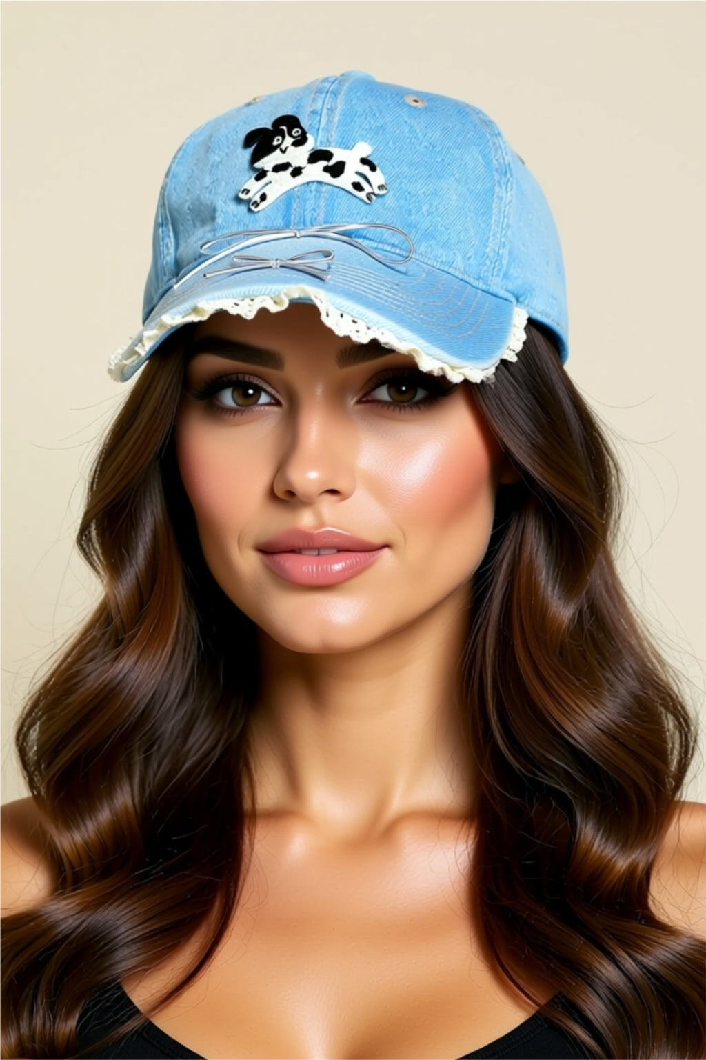 Denim Baseball Cap with Dog Bow Embroidery