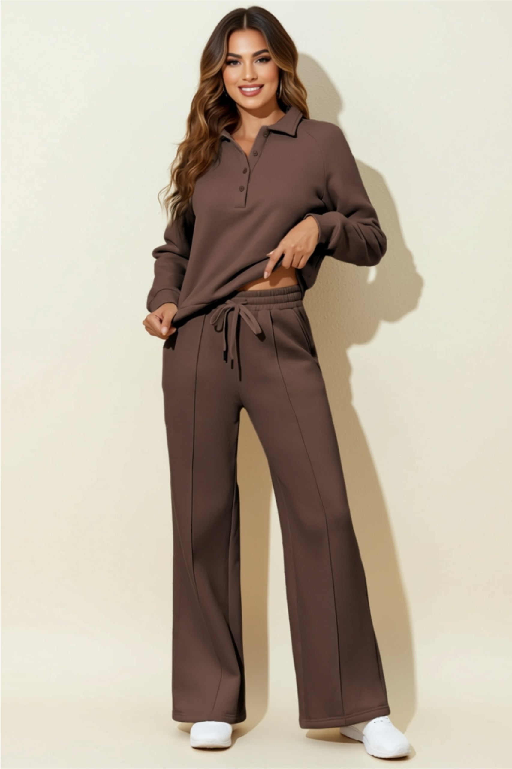 Button-Up Collared Top & Drawstring Wide-Leg Pants