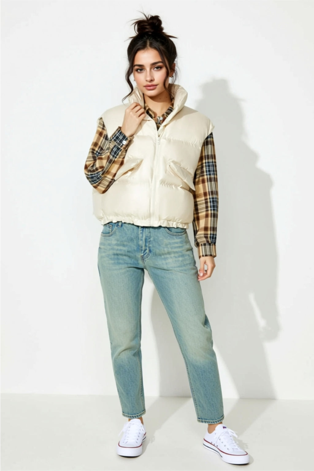 Ivory Puffer Vest with High Collar & Snap Buttons