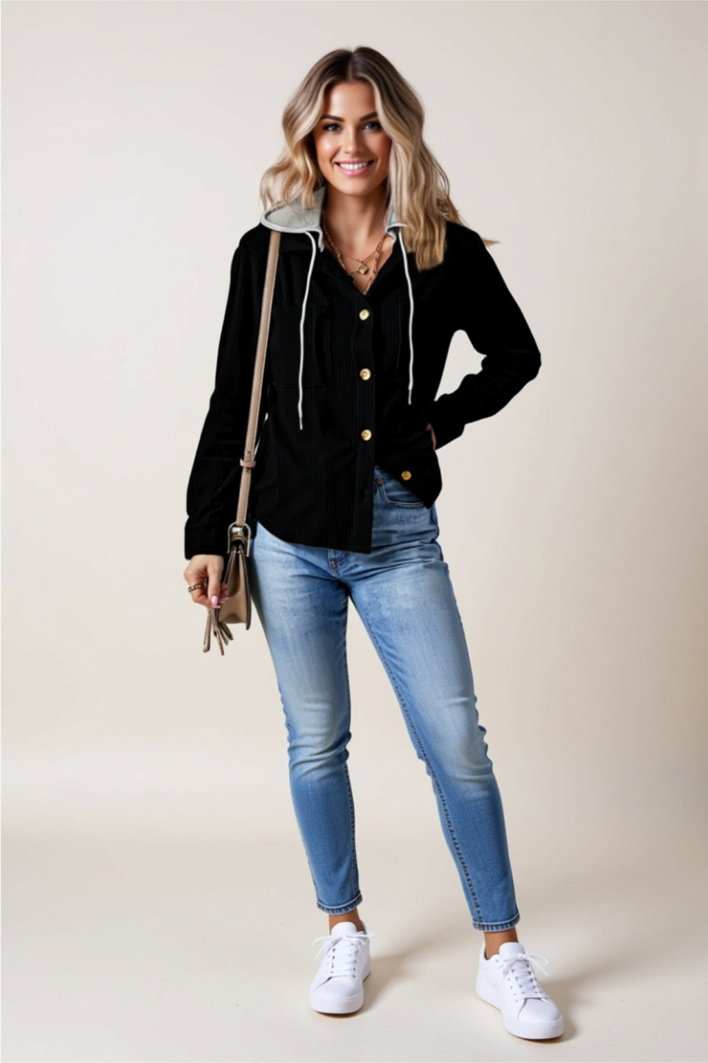 Ribbed Button-Up Jacket with Hood, Drawstring & Pockets