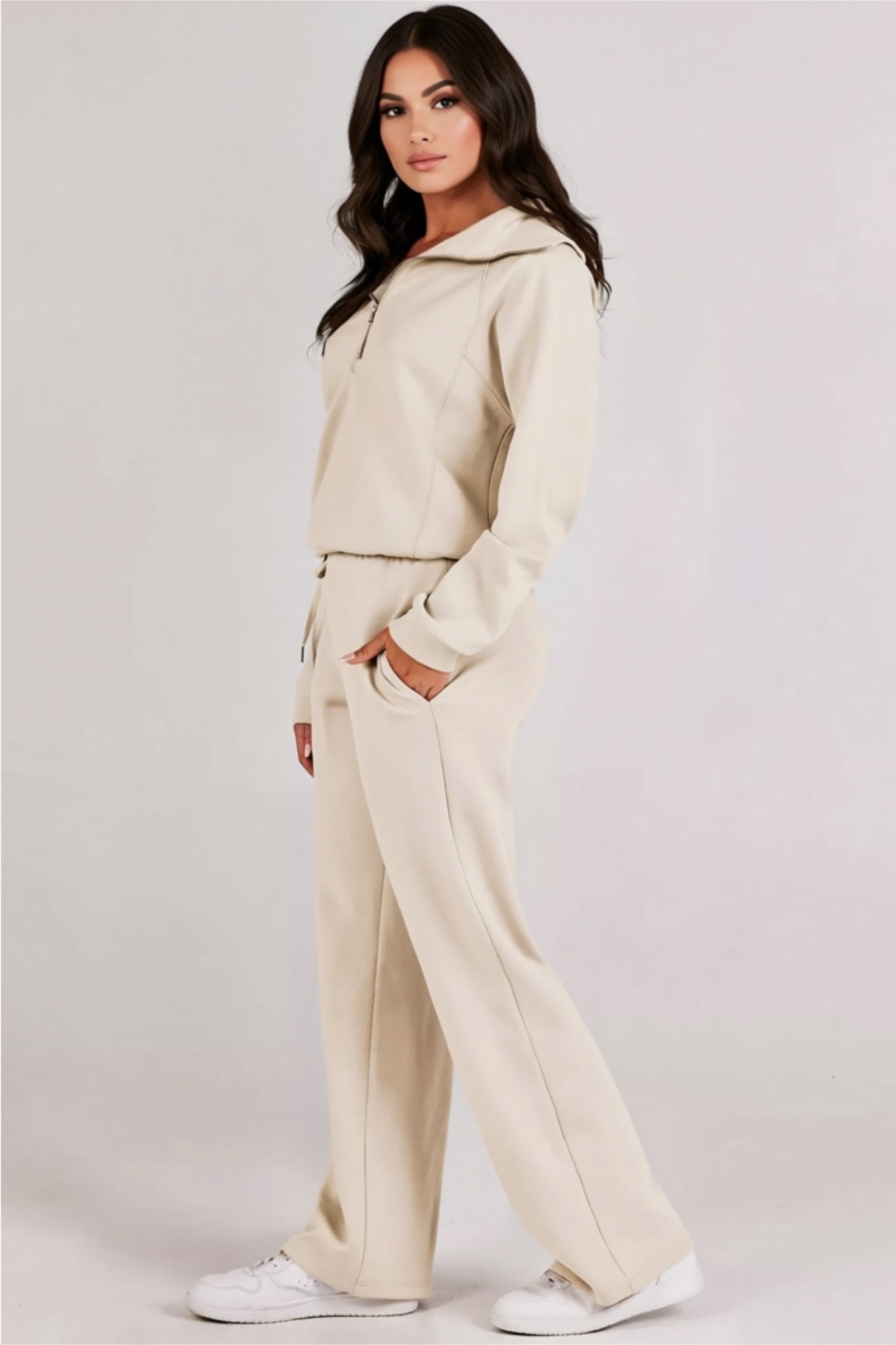 Two-Piece Lounge Set with Zip Collar Top & Drawstring Pocketed Pants