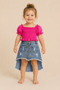 Toddler Distressed Denim Skirt 2-Piece Set, Ruffle Crop Top & High-Low Jean Skirt