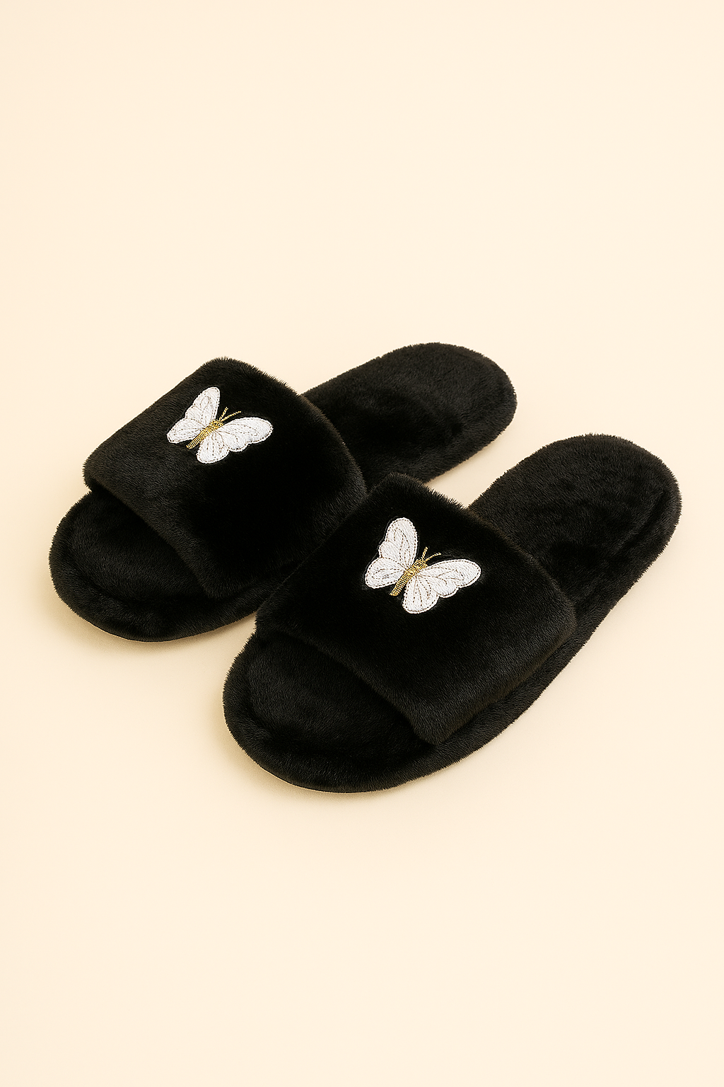 Fluffy Open-Toe Slippers with Butterfly Detail