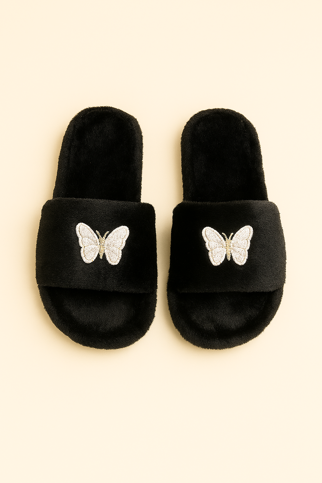 Fluffy Open-Toe Slippers with Butterfly Detail