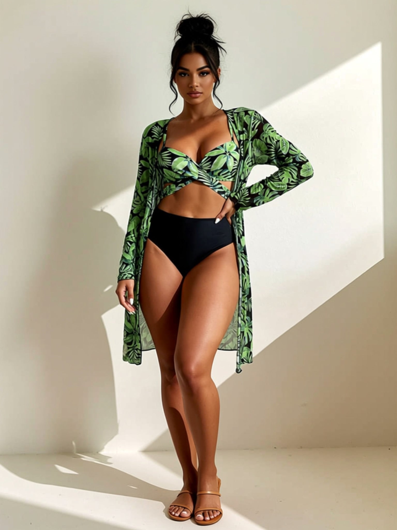 Tropical Print 3-Piece Bikini Set with Long Sleeve Kimono Cover-Up