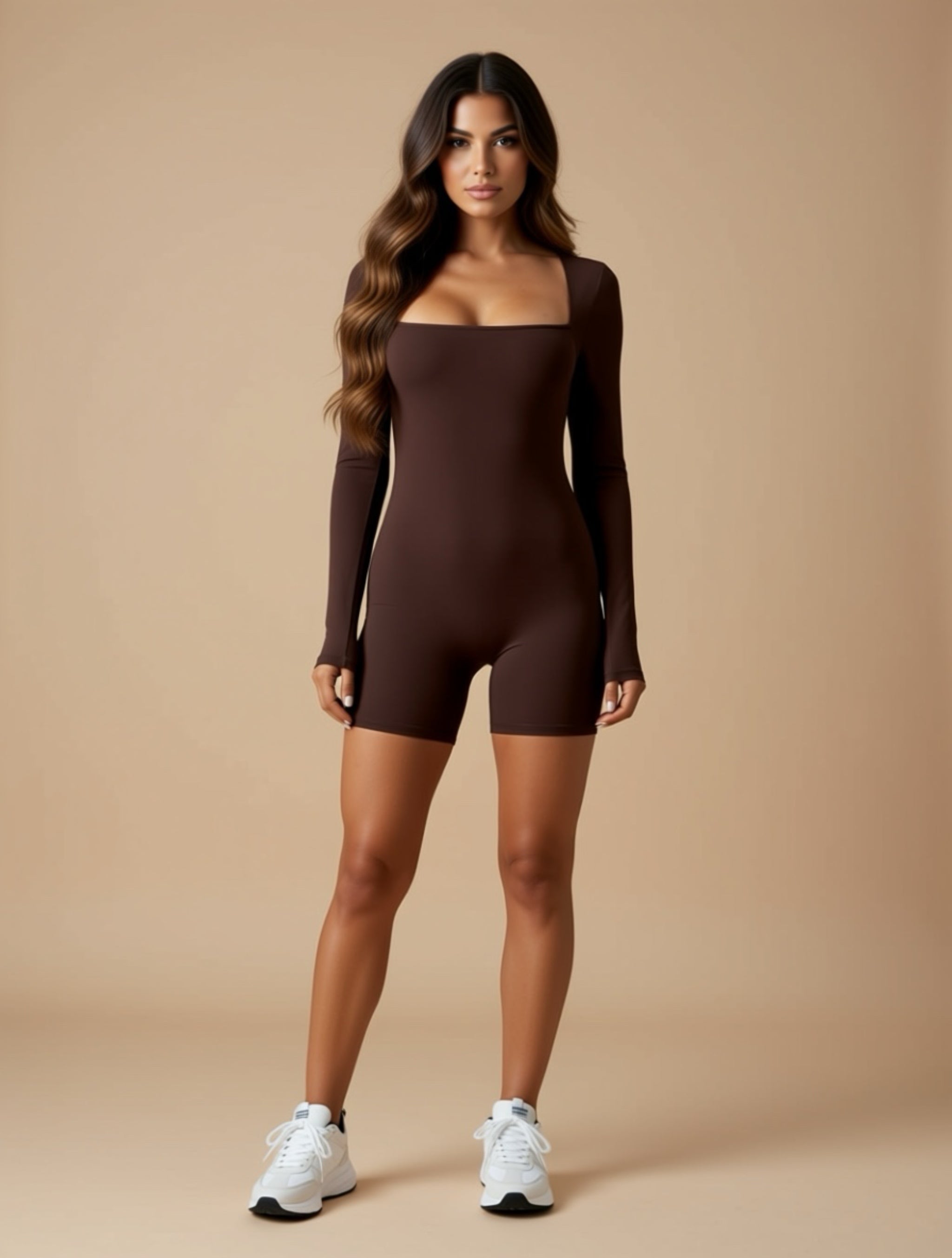 Square Neck Long Sleeve Active Romper