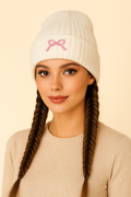 Ribbed Knit Acrylic Beanie with Bow Detail