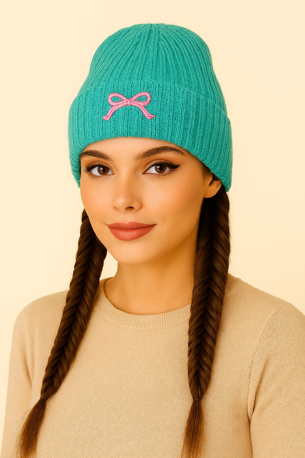 Ribbed Knit Acrylic Beanie with Bow Detail
