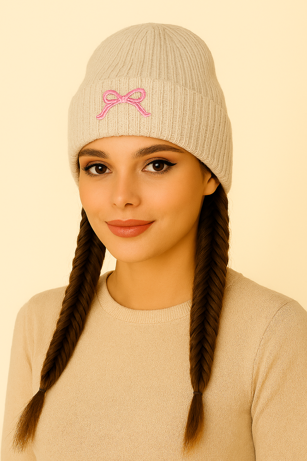 Ribbed Knit Acrylic Beanie with Bow Detail