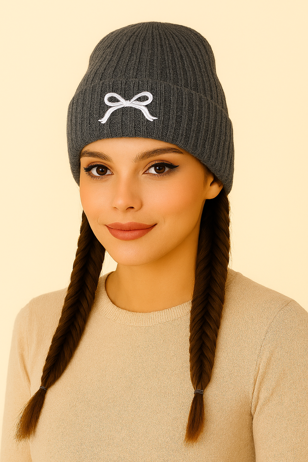 Ribbed Knit Acrylic Beanie with Bow Detail