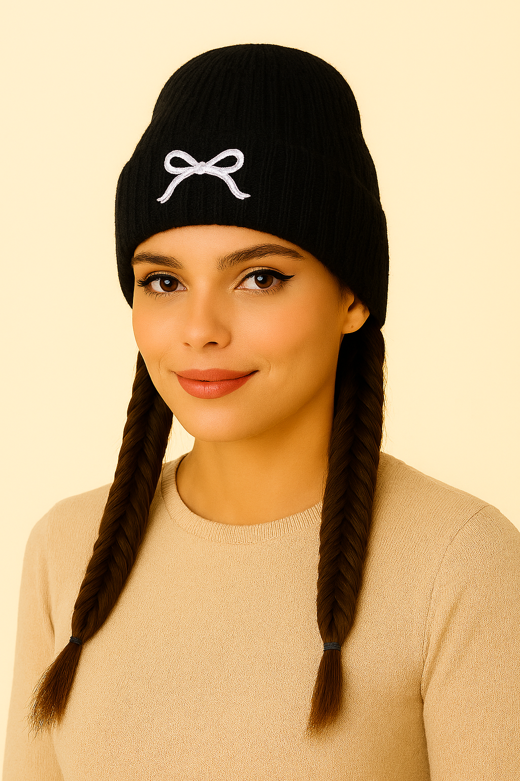 Ribbed Knit Acrylic Beanie with Bow Detail
