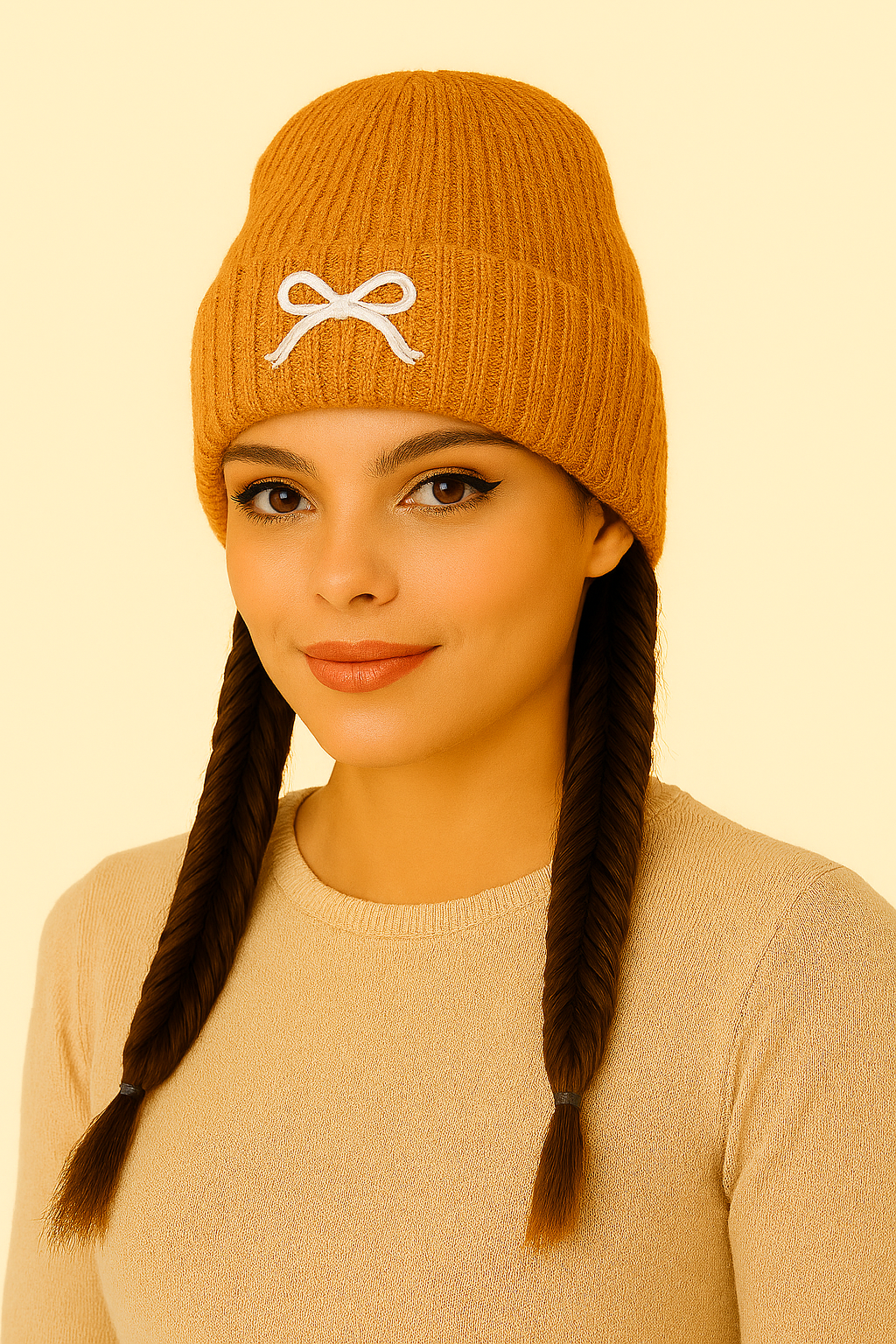 Ribbed Knit Acrylic Beanie with Bow Detail