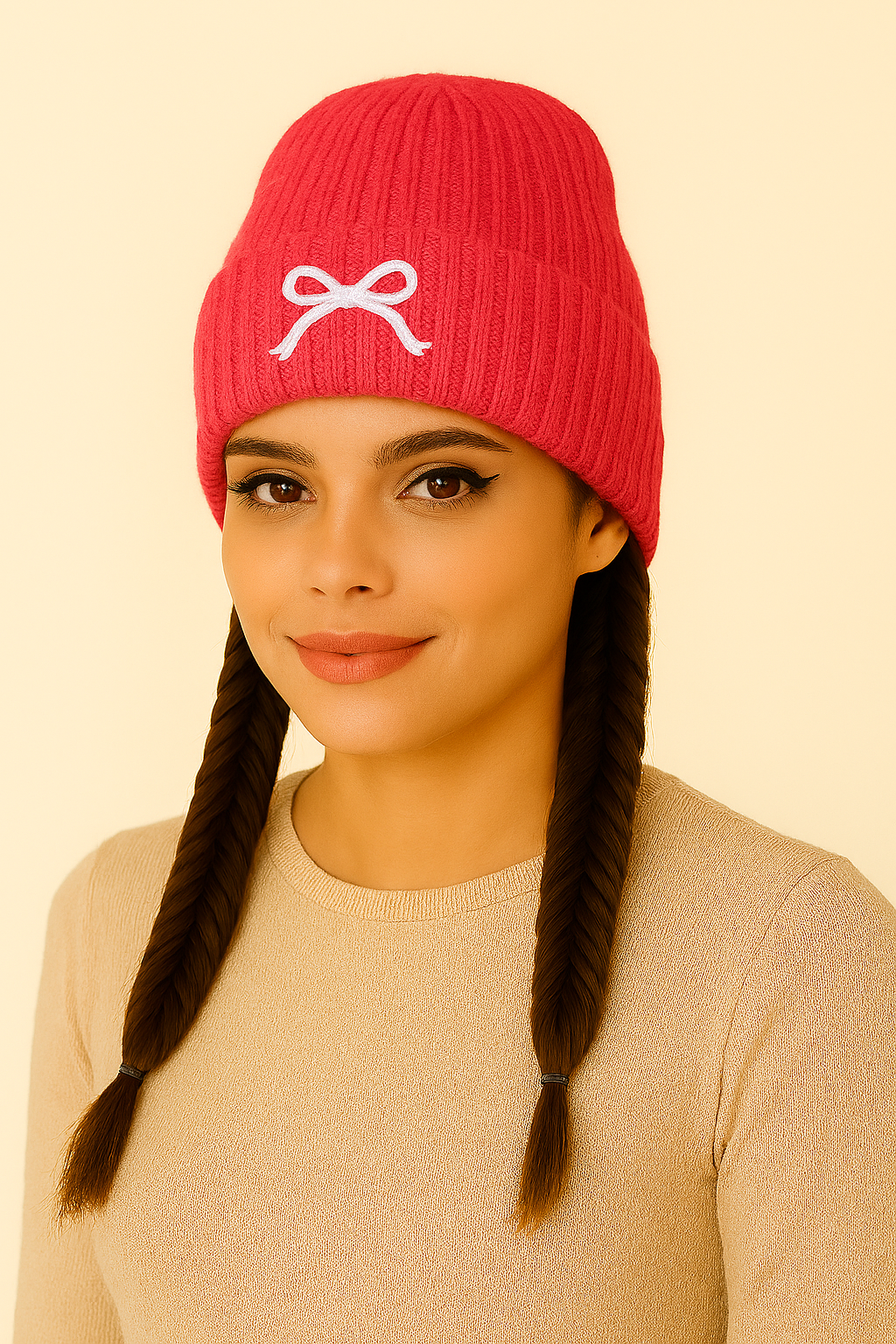Ribbed Knit Acrylic Beanie with Bow Detail