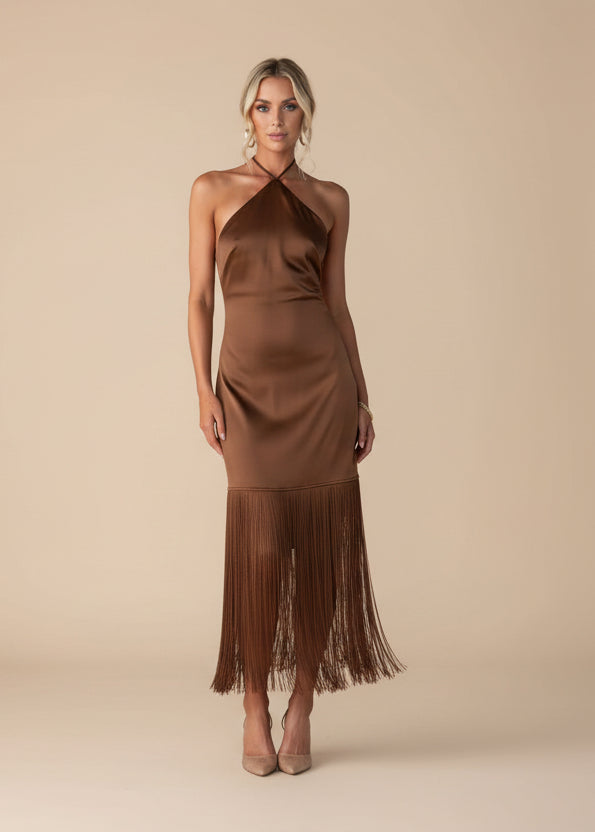 Backless Halter Fringe Midi Dress