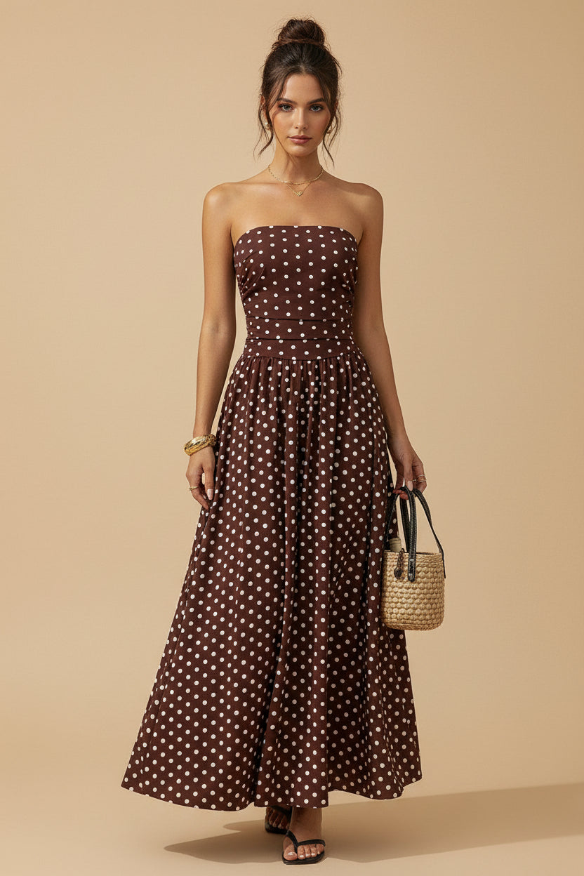 Strapless Smocked Polka Dot Maxi Dress Brown / L
