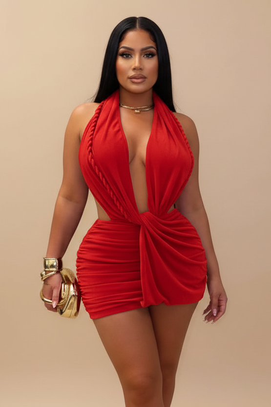 Twist-Front Cutout Ruched Halter Bodycon Mini Dress