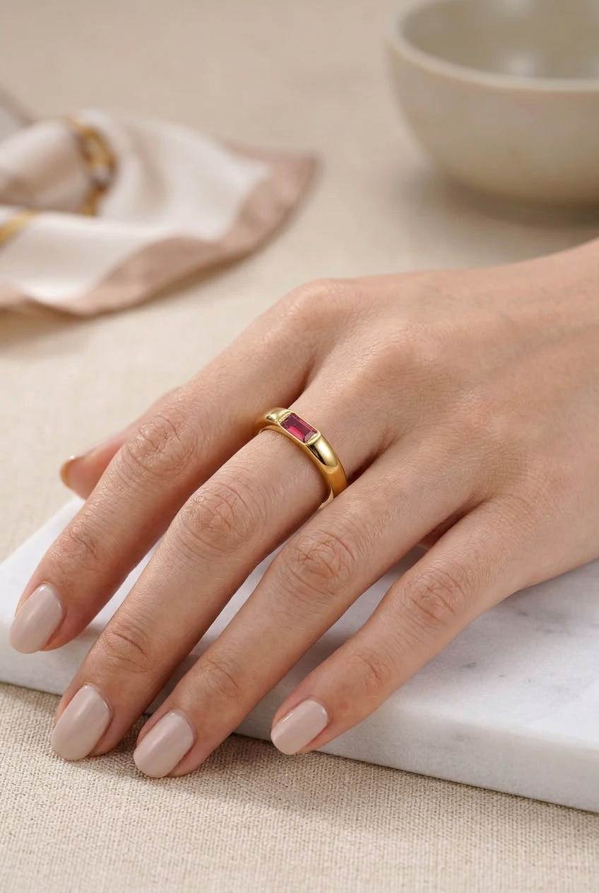 18K Gold-Plated Stainless Steel Rectangular Accent Ring