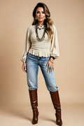 Smocked Long-Sleeve Blouse with Ruffle Hem