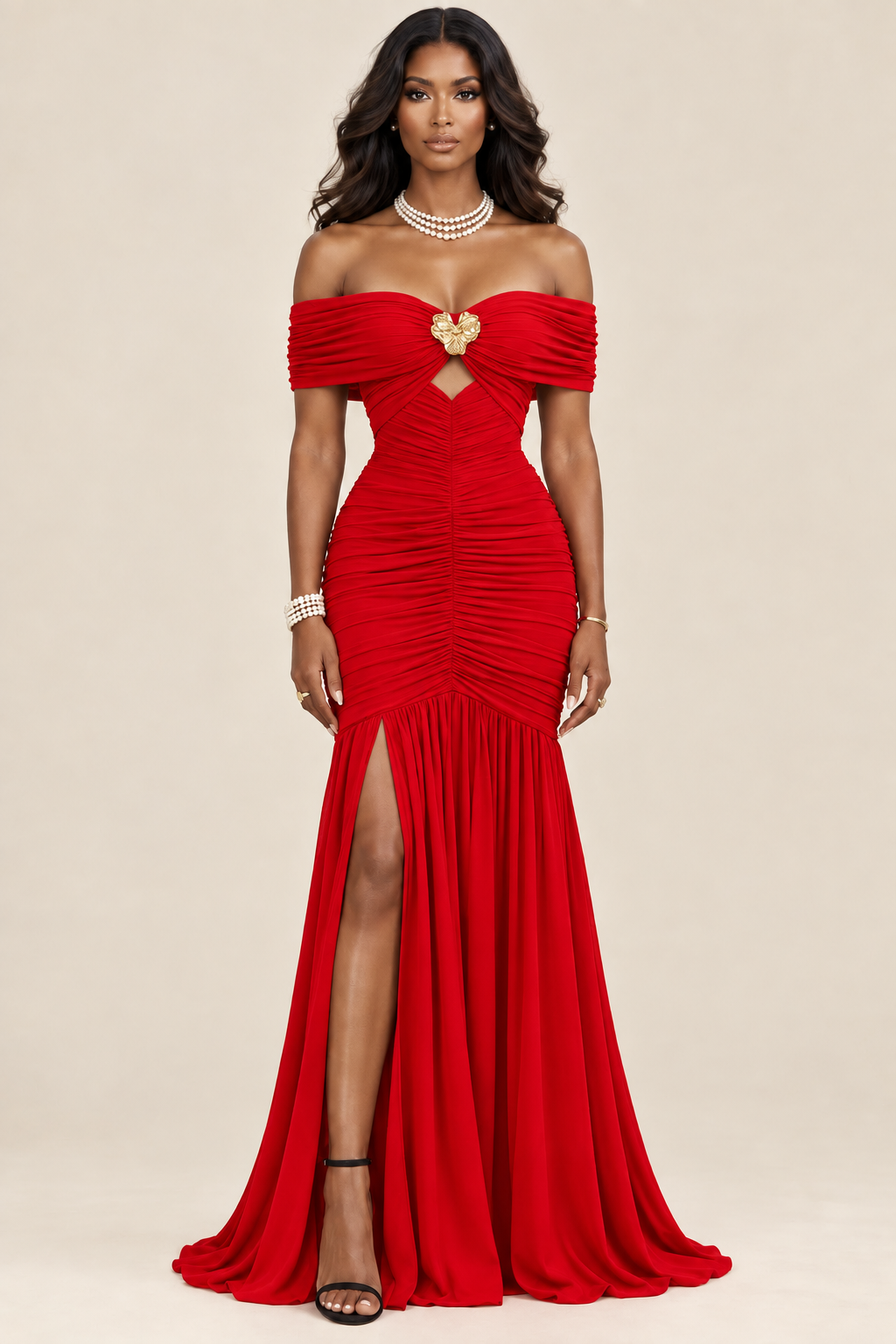 Off-Shoulder Ruched Cutout High-Slit Mermaid Maxi Dress
