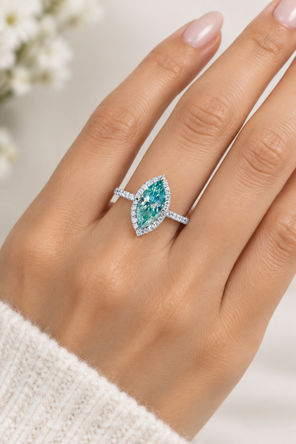 3CT Green Marquise Moissanite Halo Ring in .925 Sterling Silver