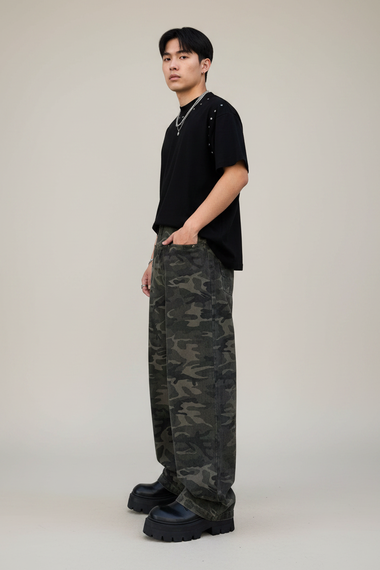 Dark Camo Wide-Leg Cargo Pants with Pockets | Cotton Blend