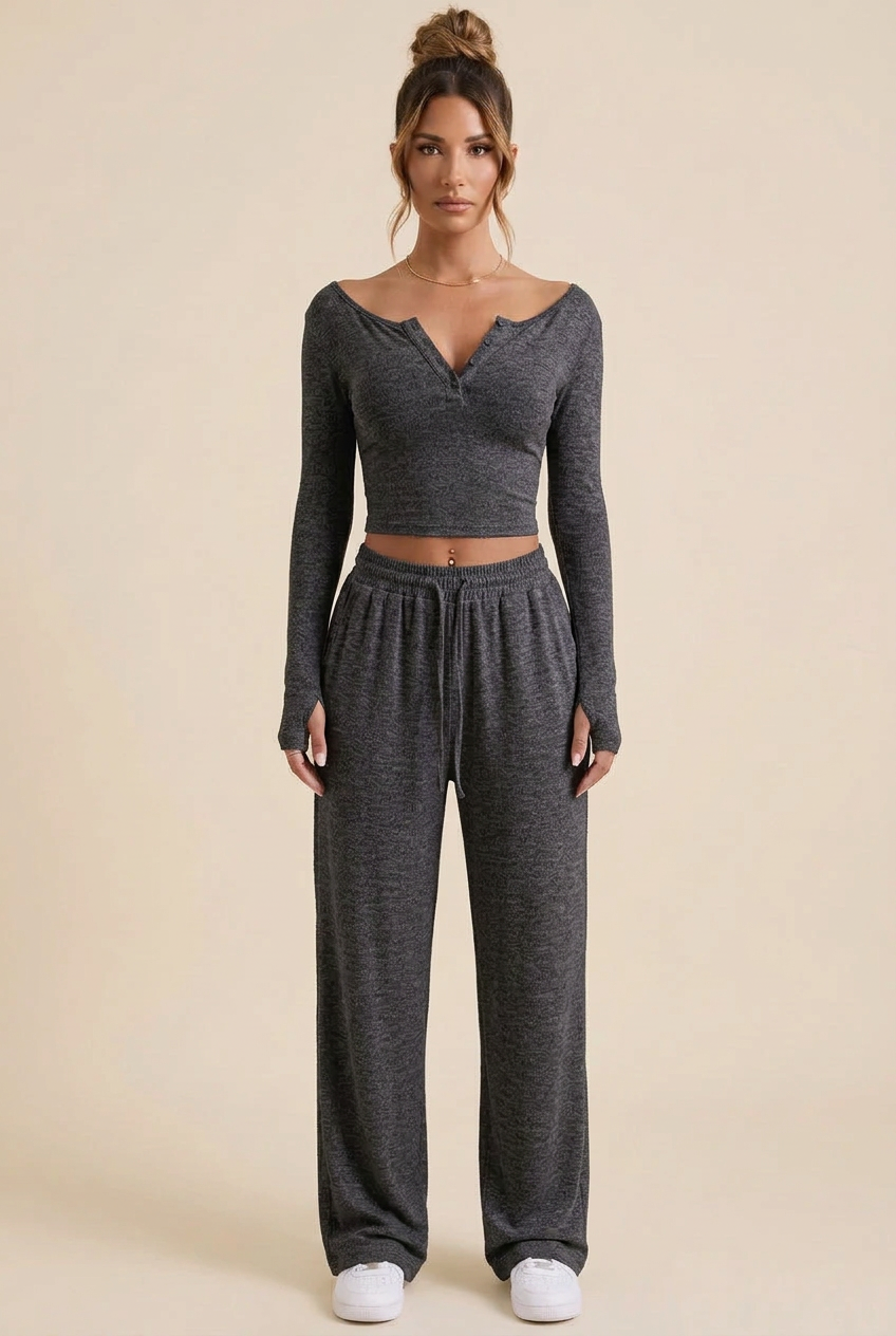 Buttoned Crop Top & Drawstring Wide-Leg Pants Set