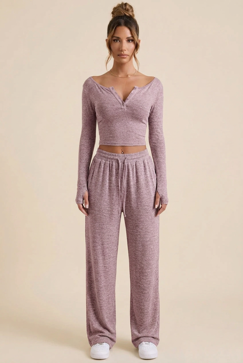 Buttoned Crop Top & Drawstring Wide-Leg Pants Set