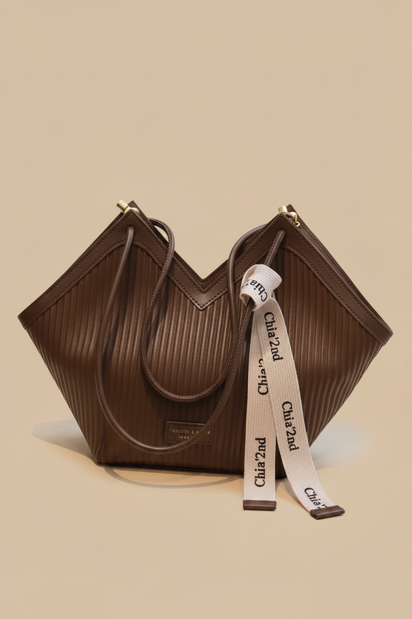 Large Ribbed V-Shaped PU Leather Shoulder Tote Bag