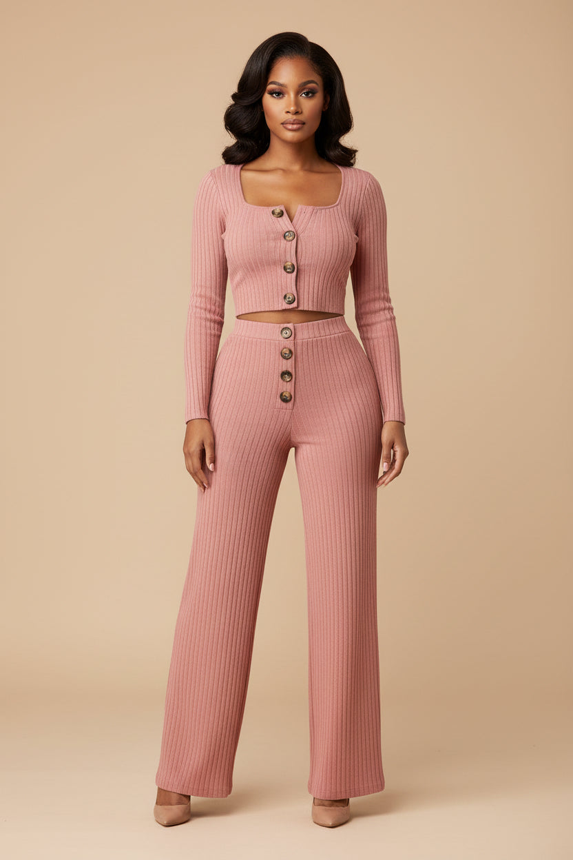 Chic Ribbed Knit 2-Piece Pant Set