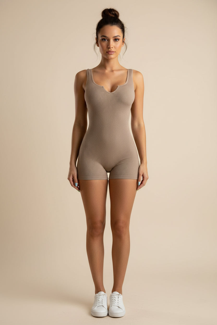 Ribbed V-Neck Active Romper
