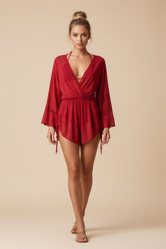 3 Piece Bikini Set with Sheer Wrap Romper Cover-Up