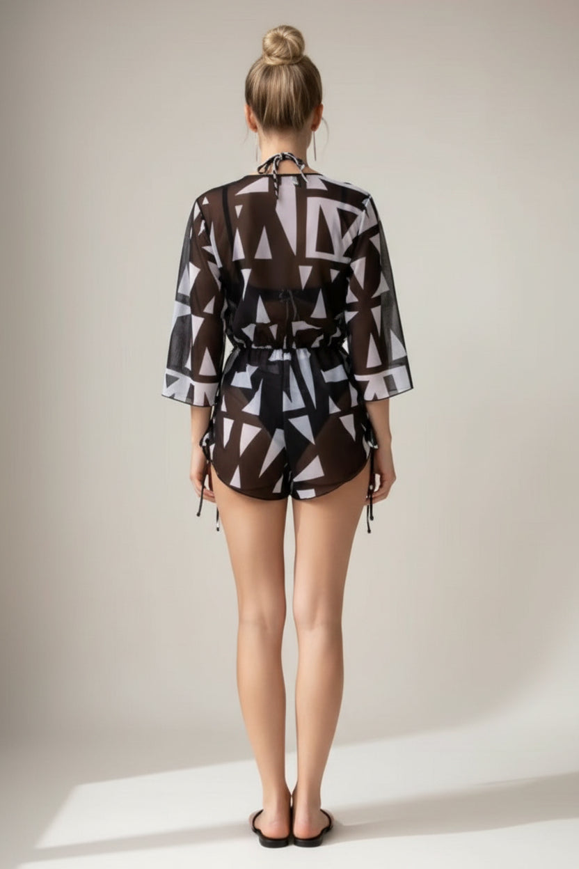 Tropisches Blumenmuster-Bikini-Set mit hoher Taille, dreiteilig, mit transparentem Romper als Überwurf