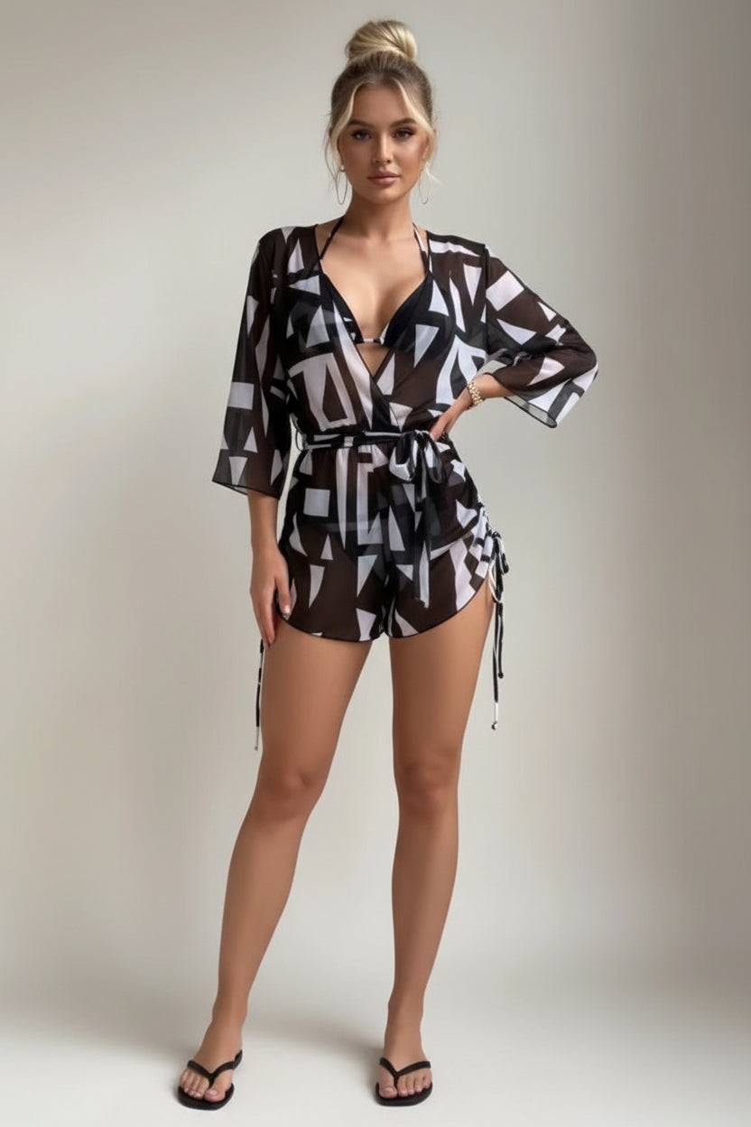 Tropical Floral High‑Waist Bikini Three‑Piece Set with Sheer Romper Cover‑Up